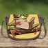 Cute green tree frog wearing glasses holding an open book saddle bag