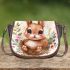 Cute happy baby bunny with big eyes sitting saddle bag