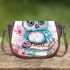 Cute owl sitting on books in pink and blue colors with flowers saddle bag