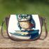 Cute owl wearing blue glasses sitting on books saddle bag