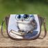 Cute owl wearing blue glasses sitting on books saddle bag