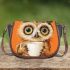 Cute owl with big eyes holding a white coffee cup saddle bag