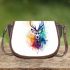 Deer head with colorful watercolor splash behind saddle bag