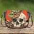 Green frog playing the banjo on top of human skull saddle bag