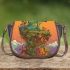 Green frog sitting on top of an island with trees and flowers saddle bag