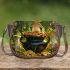 Green tree frog sits on top of a black pot with gold coins saddle bag