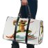 Happy frog wearing sunglasses surfing on a surfboard while holding 3d travel bag