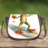 Happy frog wearing sunglasses surfing on a surfboard while holding saddle bag