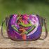 Iridescent neon pink and green tree frog on bamboo stick saddle bag
