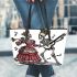 Mona Lisa dances with the skeleton with guitar trumpet Leather Tote Bag