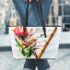 Music notes and bamboo flute and tulip and bird 3 Leather Tote Bag