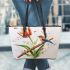 Music notes and bamboo flute and tulip and bird Leather Tote Bag