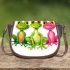 One pink and green frog in the middle saddle bag