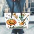 pumpkin dancing with skeleton king with guitar and trumpet Leather Tote Bag