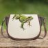 Simple cute cartoon drawing of green frog jumping saddle bag