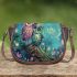 Two cute cartoon owls sitting on an old tree trunk saddle bag