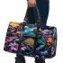 Vibrant teal frog with large eyes sits on top of colorful flowers 3d travel bag