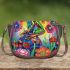 Vibrantly colored psychedelic frog sitting on top of an egg saddle bag