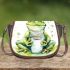 Watercolor cute and happy green frog sitting with coffee mug saddle bag