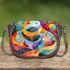 Watercolor painting with colorful patterns and shapes saddle bag