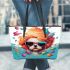 Whimsical canine splash dog in colorful paint pool leather tote bag