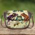 Whimsical scene of three frogs perched on branches saddle bag