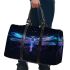 With a neon blue and purple dragonfly 3d travel bag