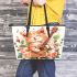 a cartoon cat with music note and the roses with green leaf 2 Leather Tote Bag