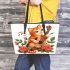 a cartoon cat with music note and the roses with green leaf 4 Leather Tote Bag