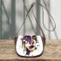 Abstract female face tattoo design with purple saddle bag