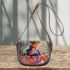 An abstract digital art piece featuring vibrant colors and shapes saddle bag