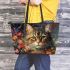 Blooming feline serenity leather tote bag