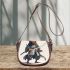 Cartoon frog character dressed as a samurai holding saddle bag