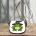 Cartoon green frog wearing black witch hat saddle bag