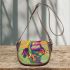 Colorful cartoon red eyed tree frog on the edge saddle bag