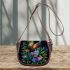 Colorful glowing butterfly surrounded by flowers and leaves saddle bag