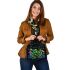 Colorful green frog playing banjo under mushroom shoulder handbag