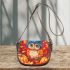 Colorful illustration of an owl wearing blue hat sitting saddle bag