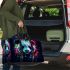 Colorful panda splatter painting with bright 3d travel bag