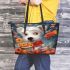 Curious canine fruit feast leather tote bag
