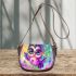 Cute baby owl with big eyes wearing pink and purple dress saddle bag