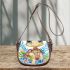 Cute baby turtle with big eyes wearing colorful flowers saddle bag