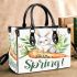 Cute bunny sitting on top of an carrot hello spring small handbag