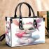 Cute cartoon bunny with a pink bow holding heart small handbag