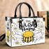 Cute cartoon drawing of a smiling bee doing small handbag