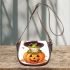 Cute cartoon frog wearing a witch hat sitting on a pumpkin saddle bag