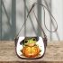 Cute cartoon frog wearing a witch hat sitting on a pumpkin saddle bag