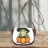 Cute cartoon frog wearing a witch's hat sitting on a pumpkin saddle bag