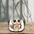 Cute cartoon owl with leopard headband holding saddle bag