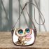 Cute cartoon owl with leopard headband holding saddle bag